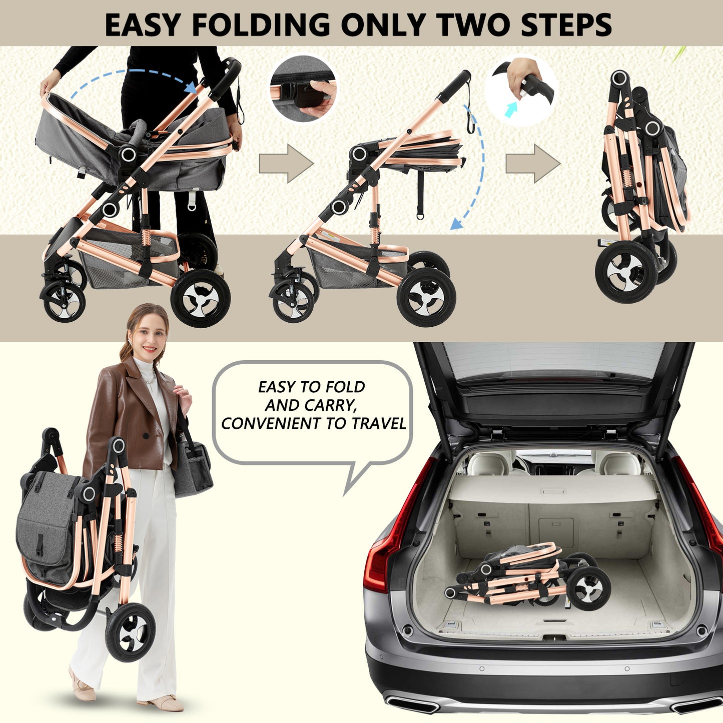 2 in 1 Convertible Baby Stroller, Unisex Folding Infant Newborn Bassinet Pram, Rose Gold