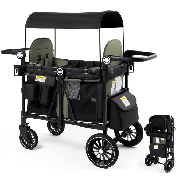 LINLUX 4-in-1 Stroller Wagon for 2 Kids, All-Terrain Wheels, Adjustable Handle, Green