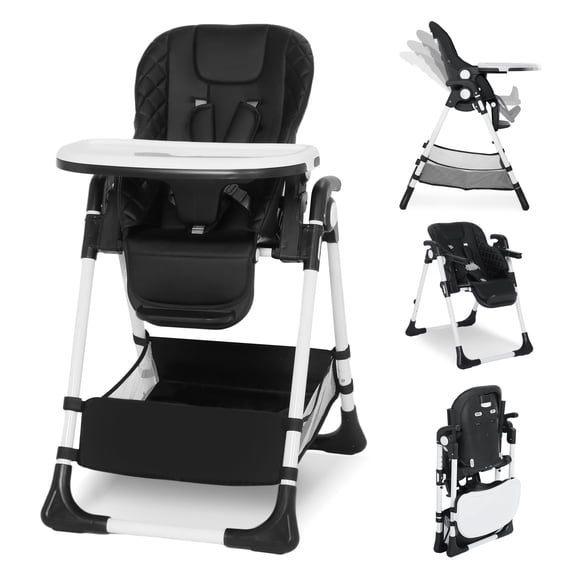 LINLUX Foldable Baby High Chair, Adjustable Feeding Chair for Toddler w/Removable Double Tray, Black