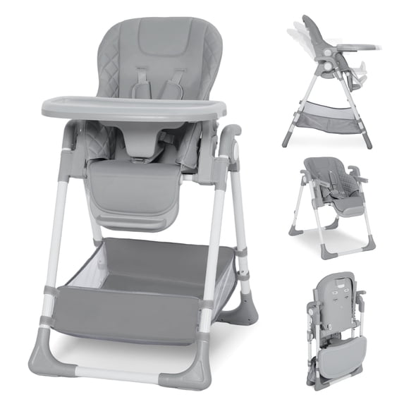LINLUX Foldable Baby High Chair, Adjustable Feeding Chair for Toddler w/Removable Double Tray, Gray