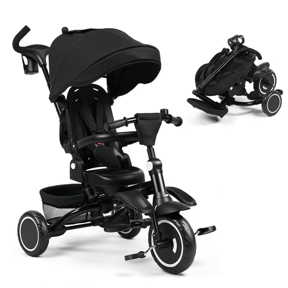 LINLUX Kids Trike Tricycle for Toddlers, 8 in 1 Folding Toddler Tricycle Bike w/Rotatable Seat, Black