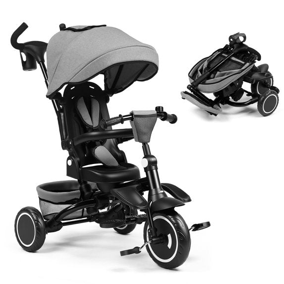 LINLUX Kids Trike Tricycle for Toddlers, 8 in 1 Folding Toddler Tricycle Bike w/Rotatable Seat, Gray