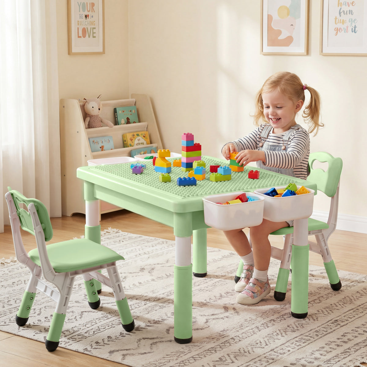 AILEEKISS Kids Table and Chair Set, Children Lego Table Play Activity Desk for Drawing, Green