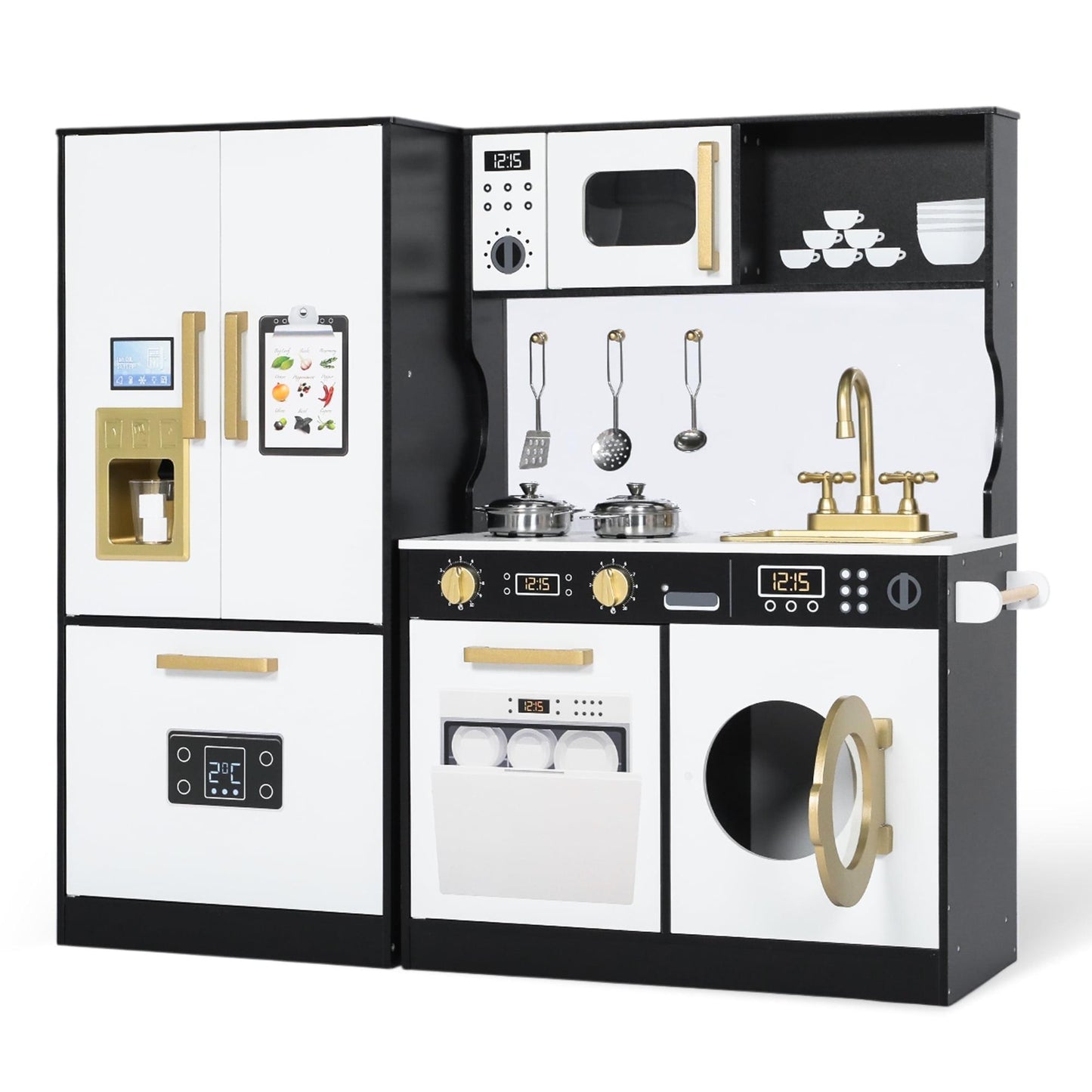 LINLUX Wood Kids Kitchen Playset, Pretend Play Toy Kitchen for Toddlers, with Color Board and Fridge, Black