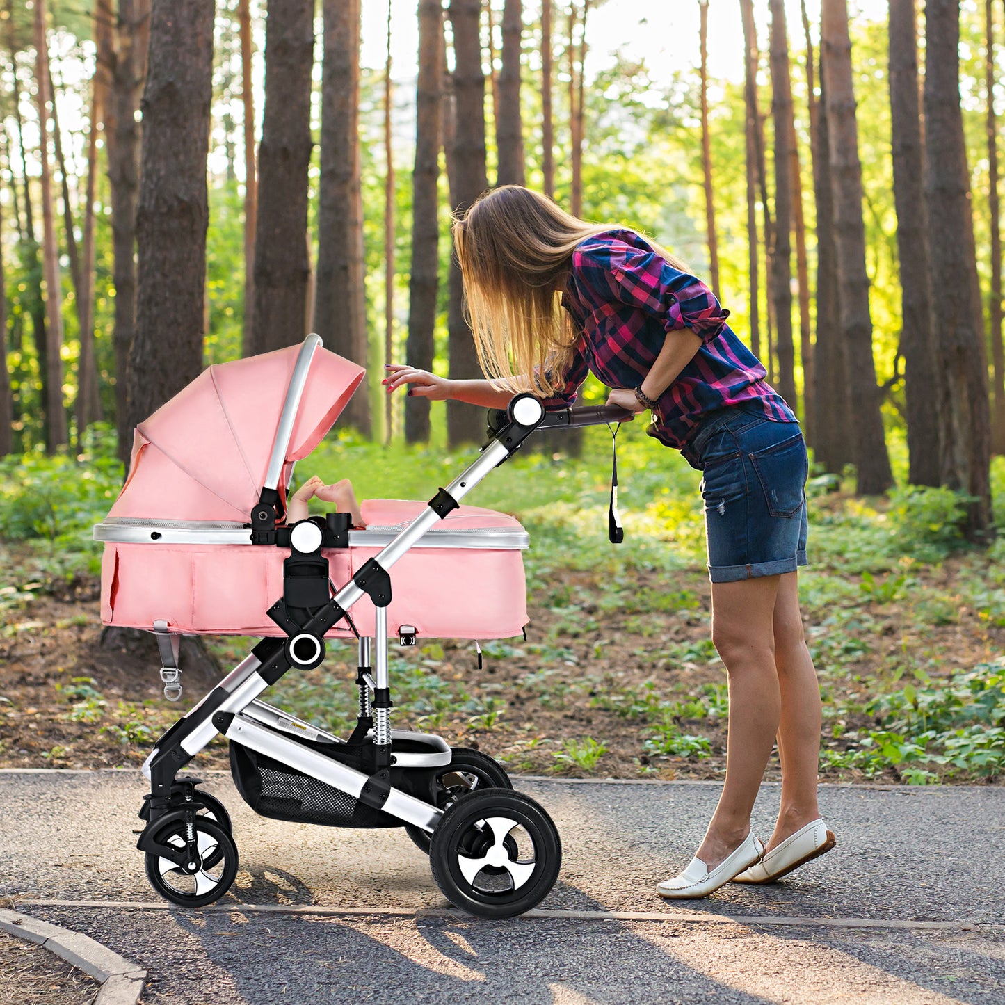 3 in 1 Reversible Baby Stroller, Folding Newborn Bassinet Pram Infant Carriage for Toddler, Pink