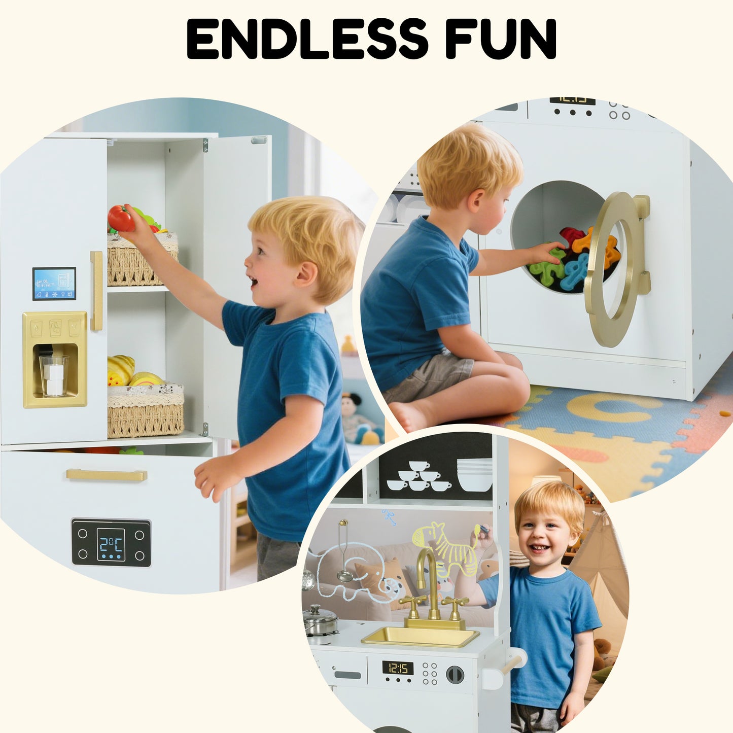 AILEEKISS Wood Kids Play Kitchen, Pretend Kitchen Playset for Children Age 3 Years up, White