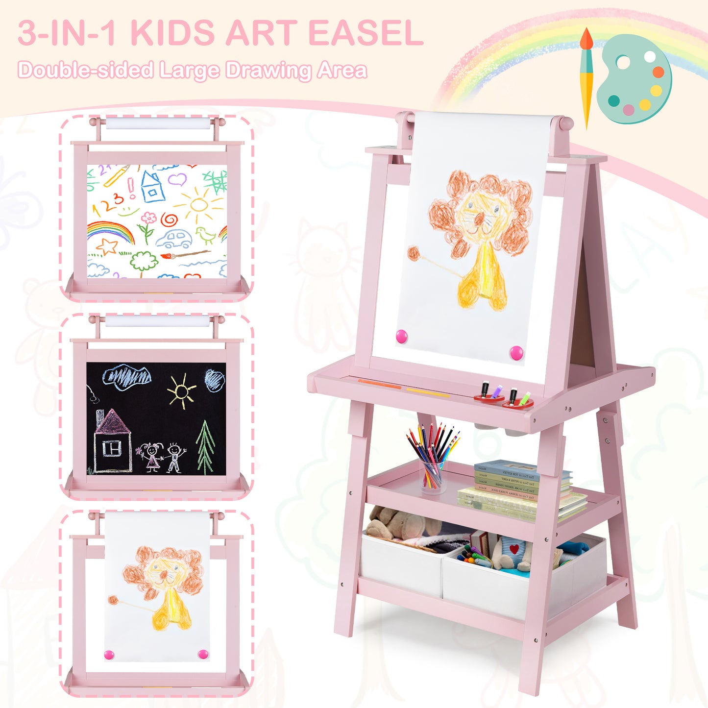 LINLUX 3 in 1 Kids Art Easel Drawing Board Double-Sided Whiteboard Chalkboard, Pink