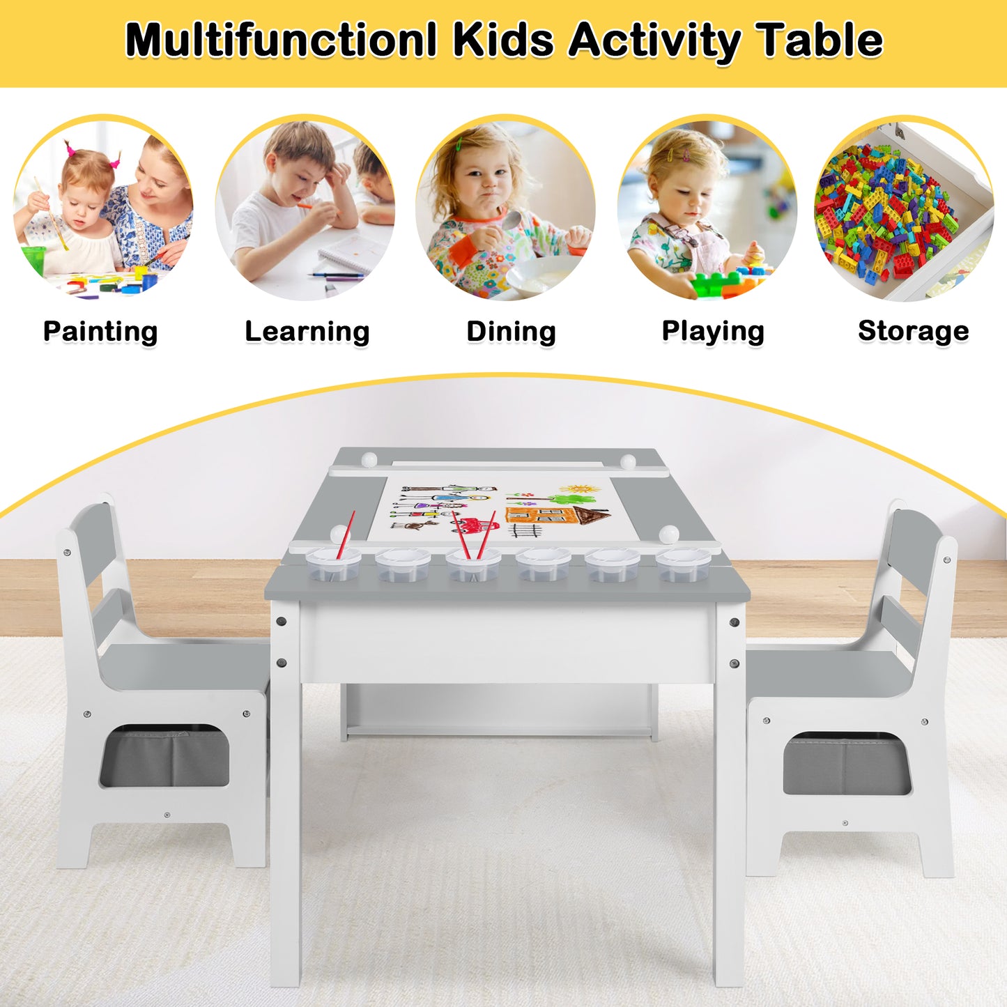 2 in 1 Kids Art Table and Chair Set, Toddler Art Easel & Craft Activity Desk w/ Paper Roll, Grey