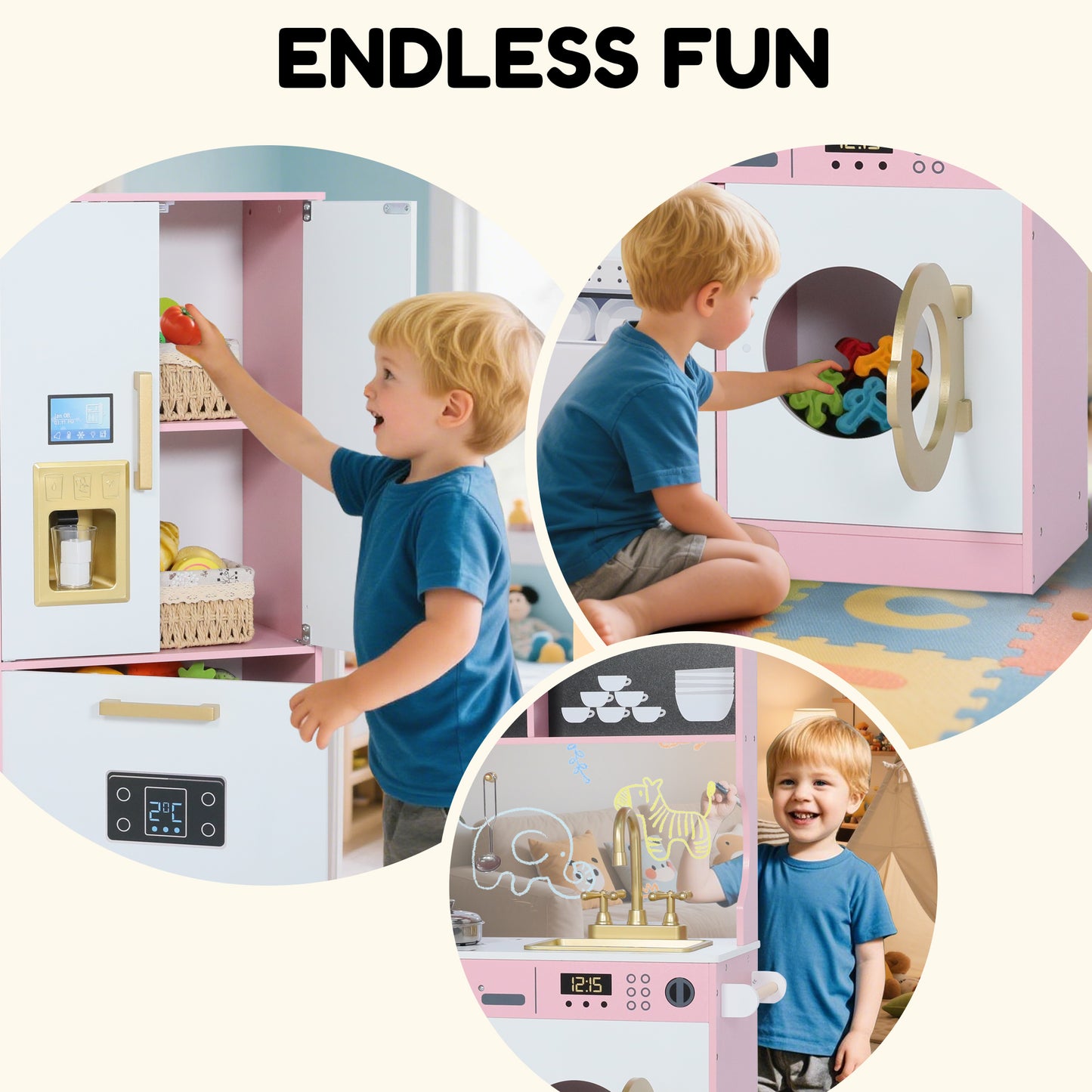 AILEEKISS Wood Kids Play Kitchen, Pretend Kitchen Playset for Children Age 3 Years up, Pink