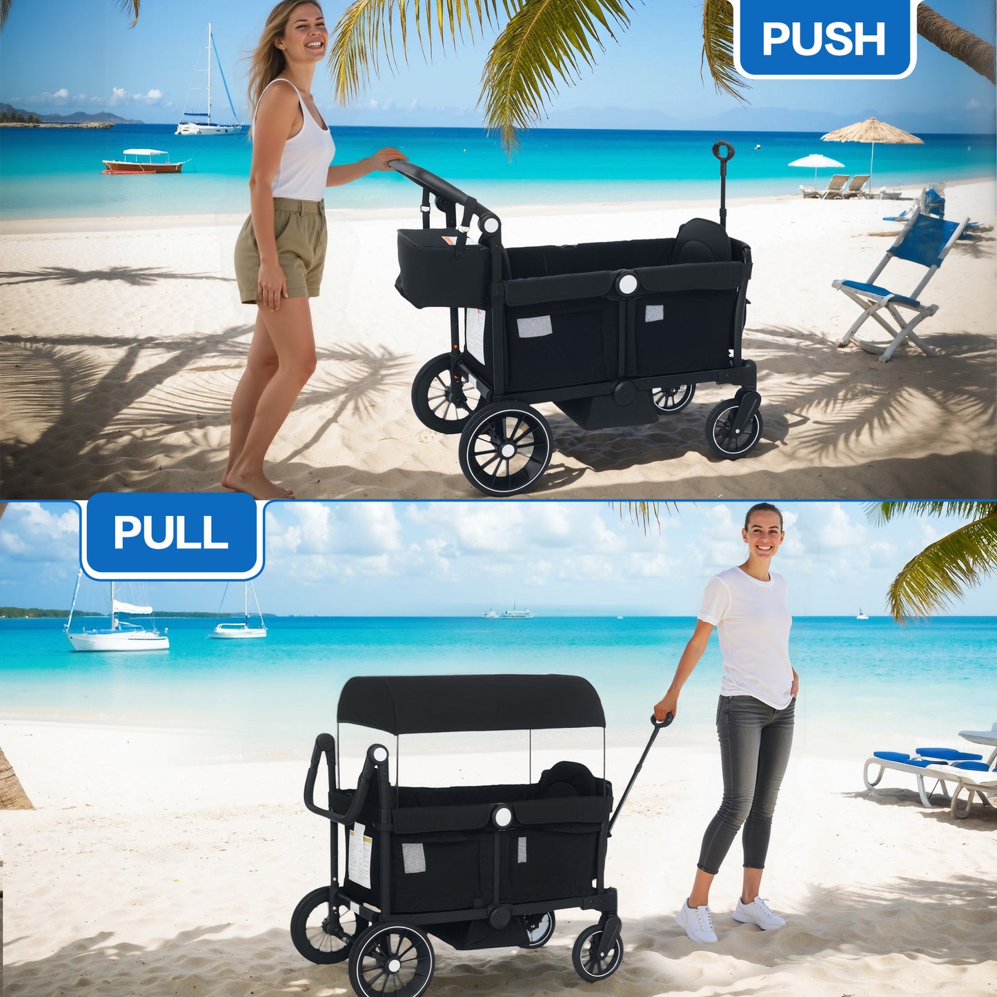 AILEEKISS 3-in-1 Wagon Stroller for 2 Toddlers, Collapsible Baby Wagon with Adjustable Handle, Black