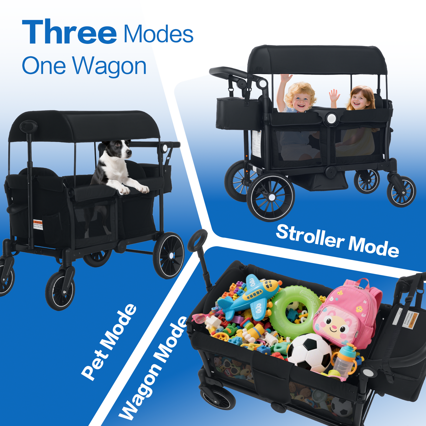 AILEEKISS 3-in-1 Wagon Stroller for 2 Toddlers, Collapsible Baby Wagon with Adjustable Handle, Black