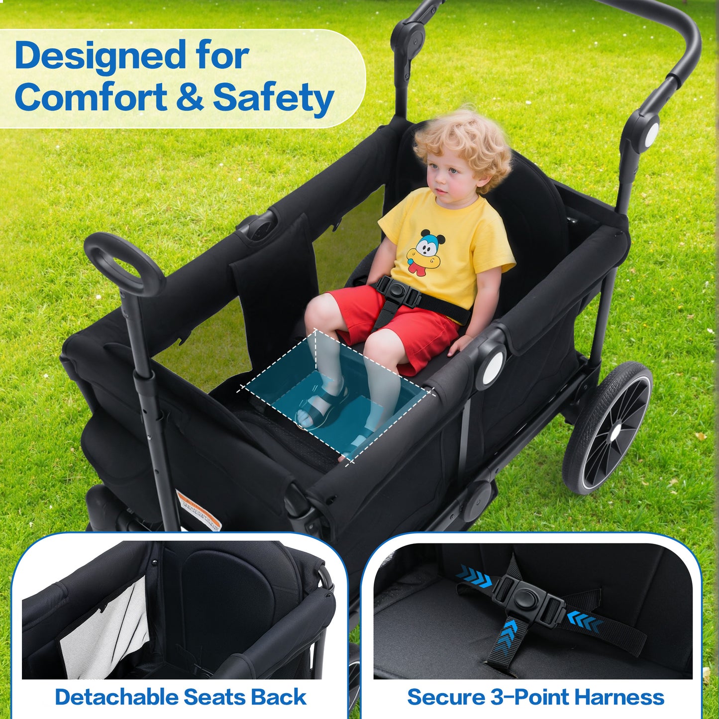 AILEEKISS 3-in-1 Wagon Stroller for 2 Toddlers, Collapsible Baby Wagon with Adjustable Handle, Black
