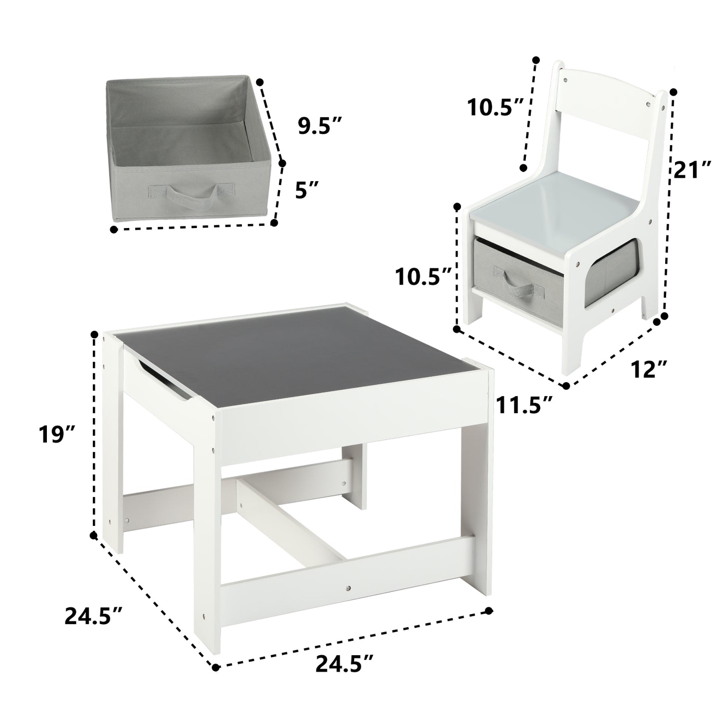 3 in 1 Kids Wood Table & 2 Chairs Set, Children Activity Table w/Storage, Grey