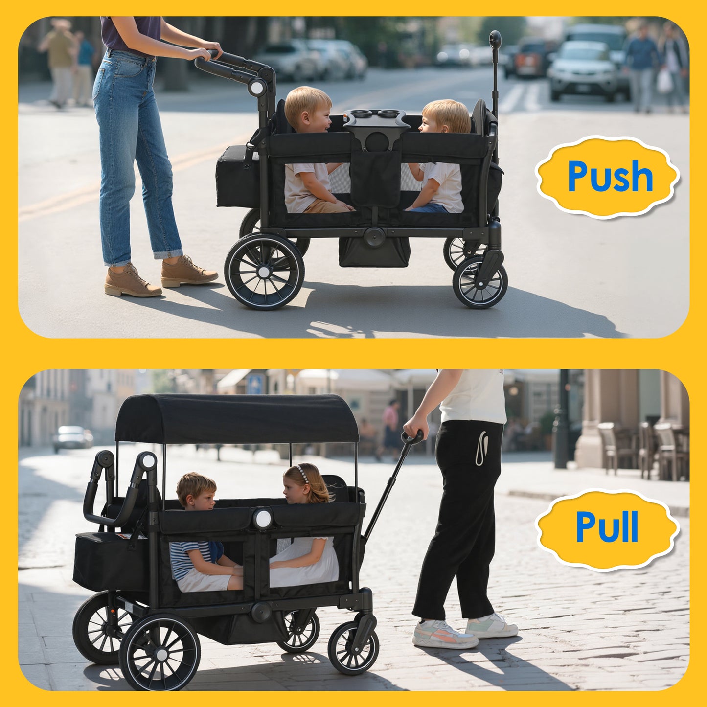 AILEEKISS 3-in-1 Wagon Stroller for 2 Toddlers, Collapsible Baby Wagon with Adjustable Handle, Black
