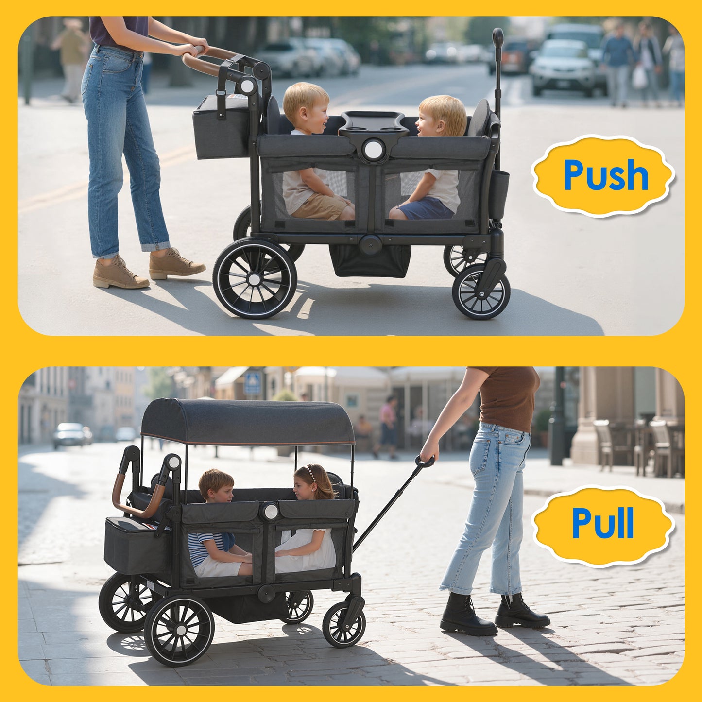 AILEEKISS 3-in-1 Wagon Stroller for 2 Toddlers, Collapsible Baby Wagon with Adjustable Handle, Grey