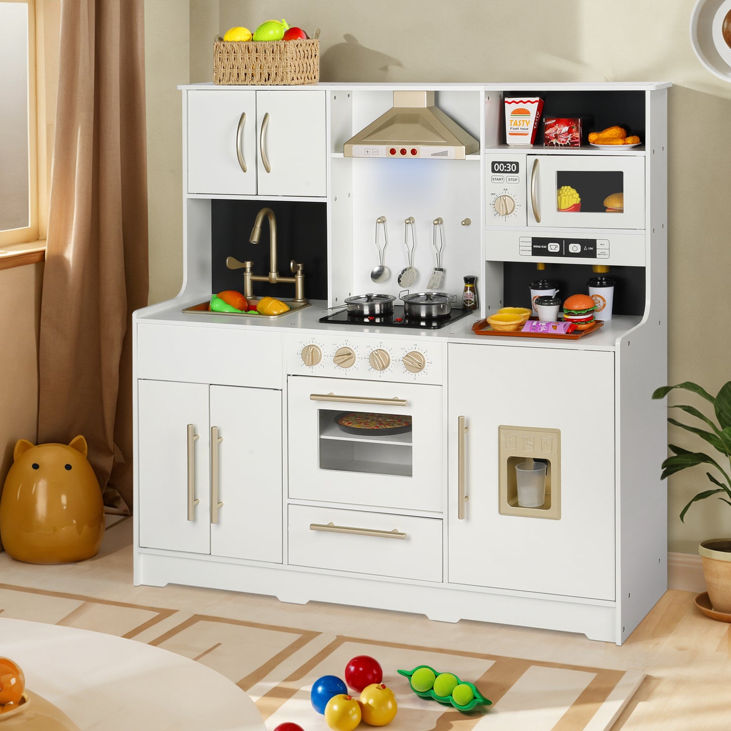 Wood Kids Play Kitchen, Pretend Toy Kitchen Playset for Children with Lights&Sounds, Black