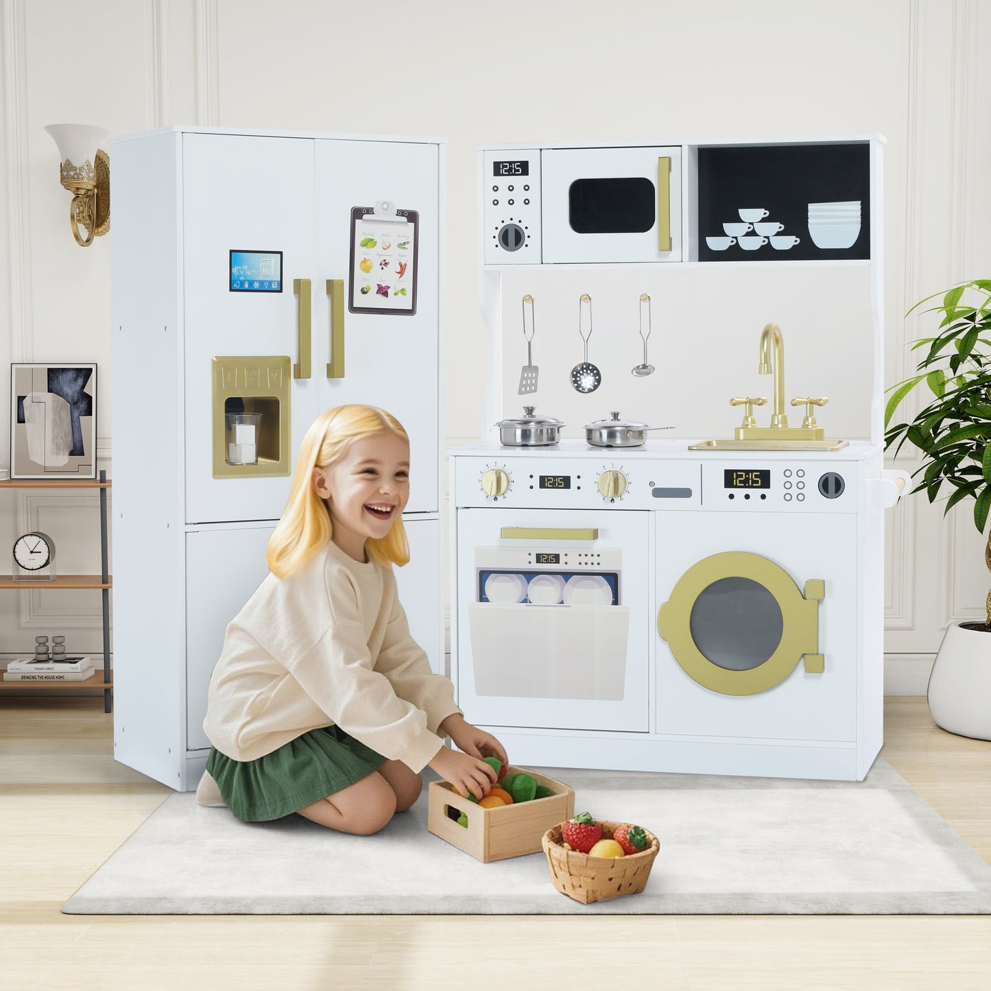 AILEEKISS Wood Kids Play Kitchen, Pretend Kitchen Playset for Children Age 3 Years up, White