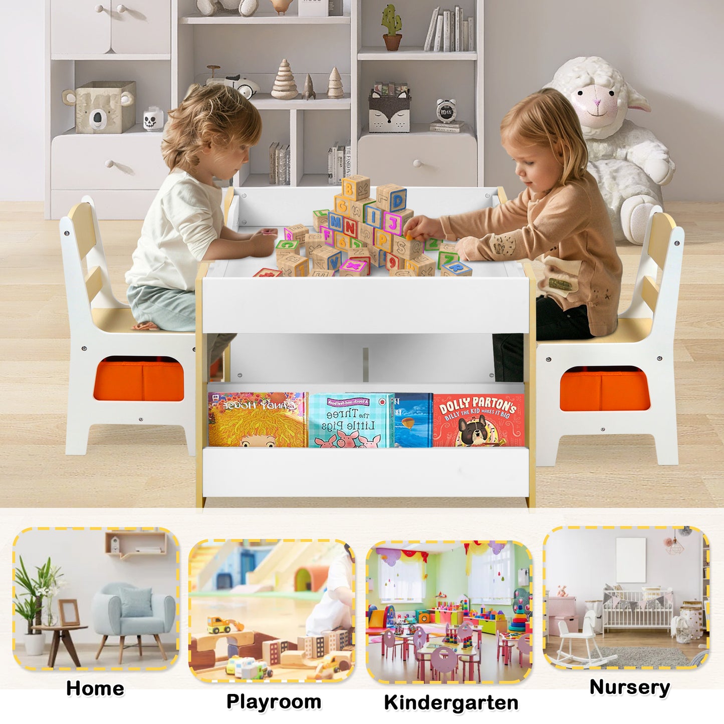 4 in 1 Kids Wood Table & 2 Chairs Set, Children Activity Table Toddler w/Storage, Natural