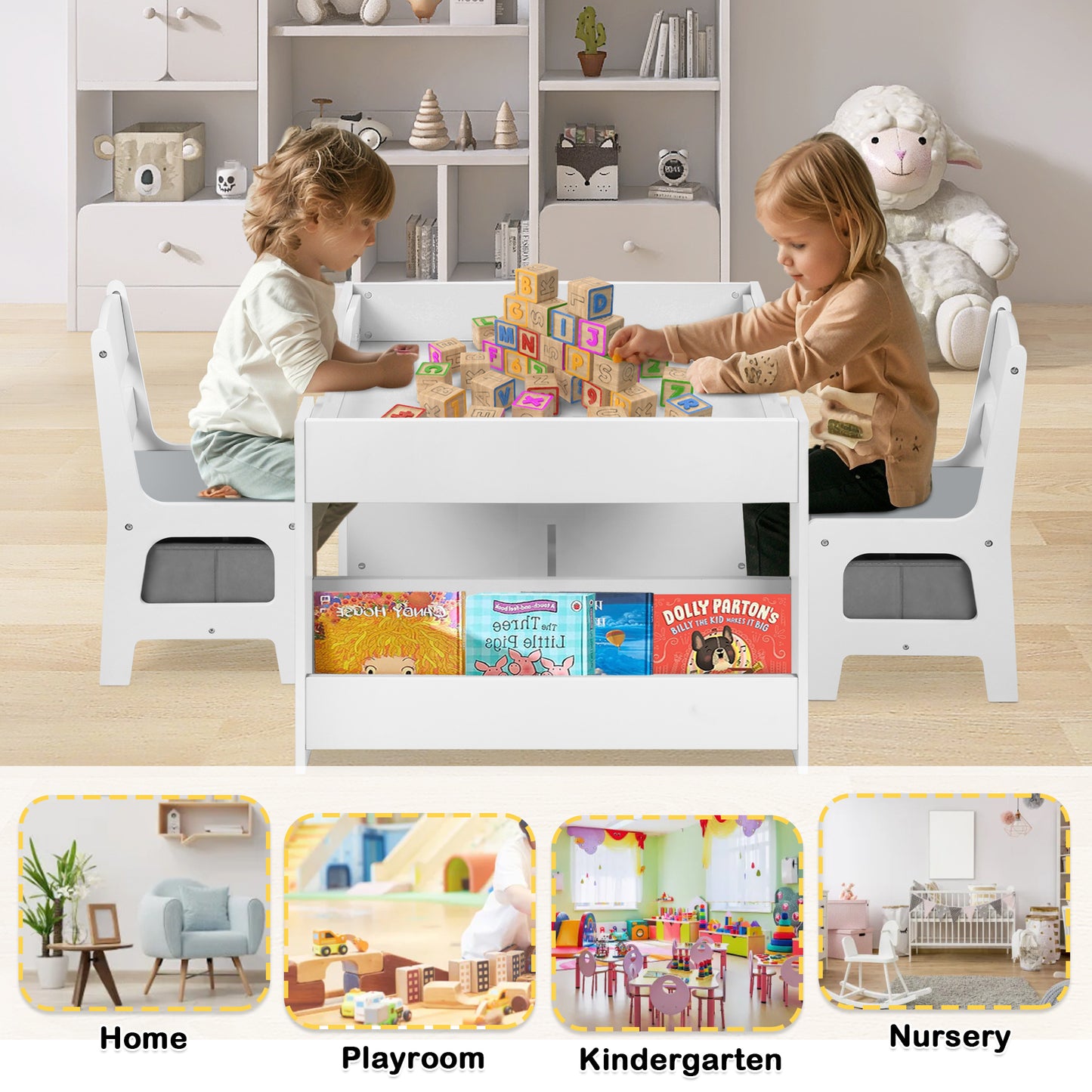 4 in 1 Kids Wood Table & 2 Chairs Set, Children Activity Table for Toddler w/Storage, Grey
