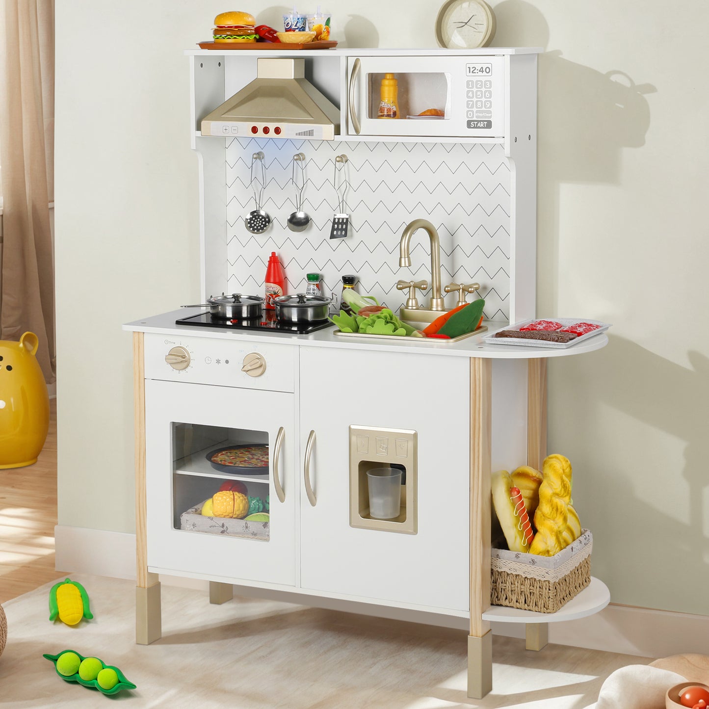 Wooden Kids Play Kitchen with Accessories, Pretend Toy Kitchen Playset for Children Age 3+