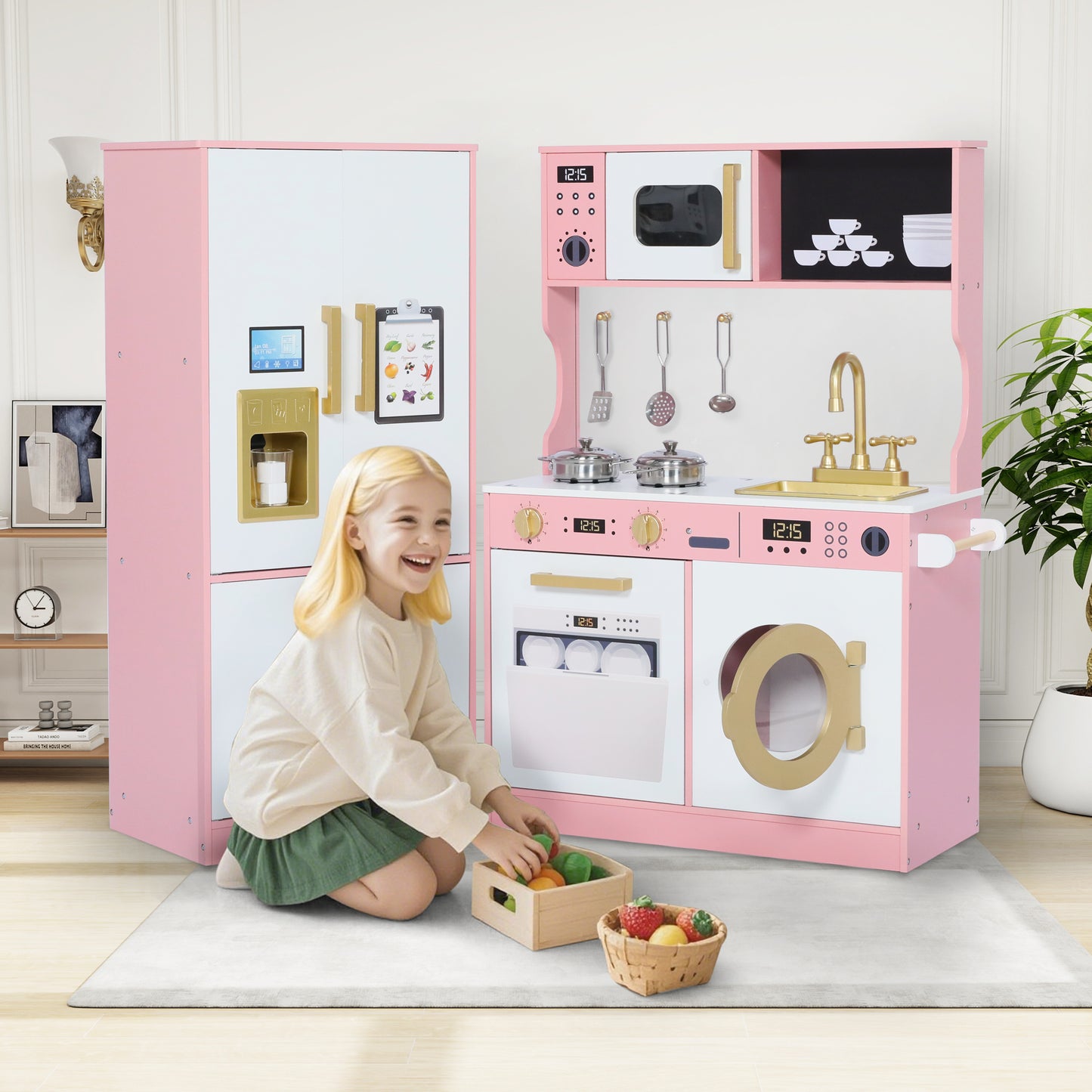 AILEEKISS Wood Kids Play Kitchen, Pretend Kitchen Playset for Children Age 3 Years up, Pink
