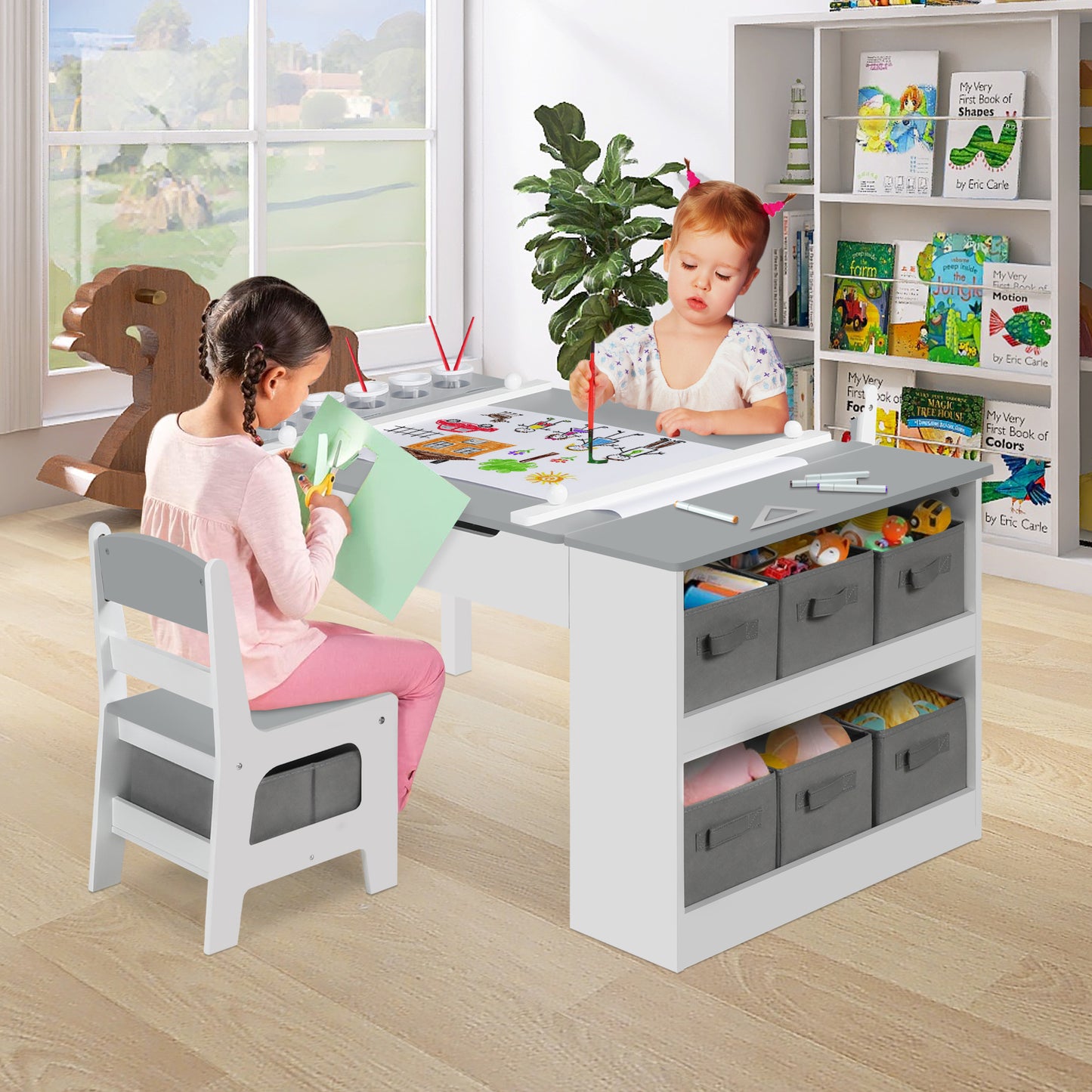 2 in 1 Kids Art Table and Chair Set, Toddler Art Easel & Craft Activity Desk w/ Paper Roll, Grey