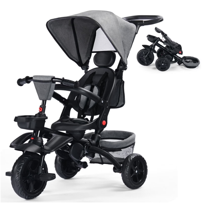 LINLUX 7 in 1 Toddler Trike, Toddler Ride-on Bicycles, Folding Kids Tricycle Bike, Gray