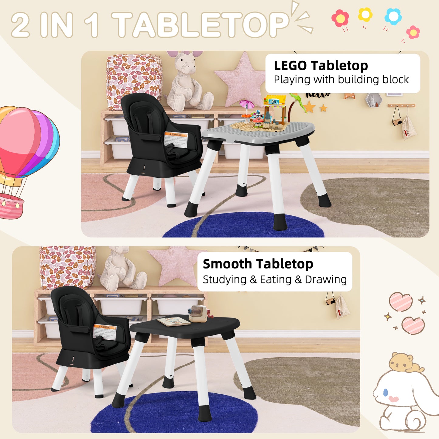 8 in 1 Baby High Chair,Toddler Dining Booster Seat/Kids Table & Chair Set/Building Block Table, Black