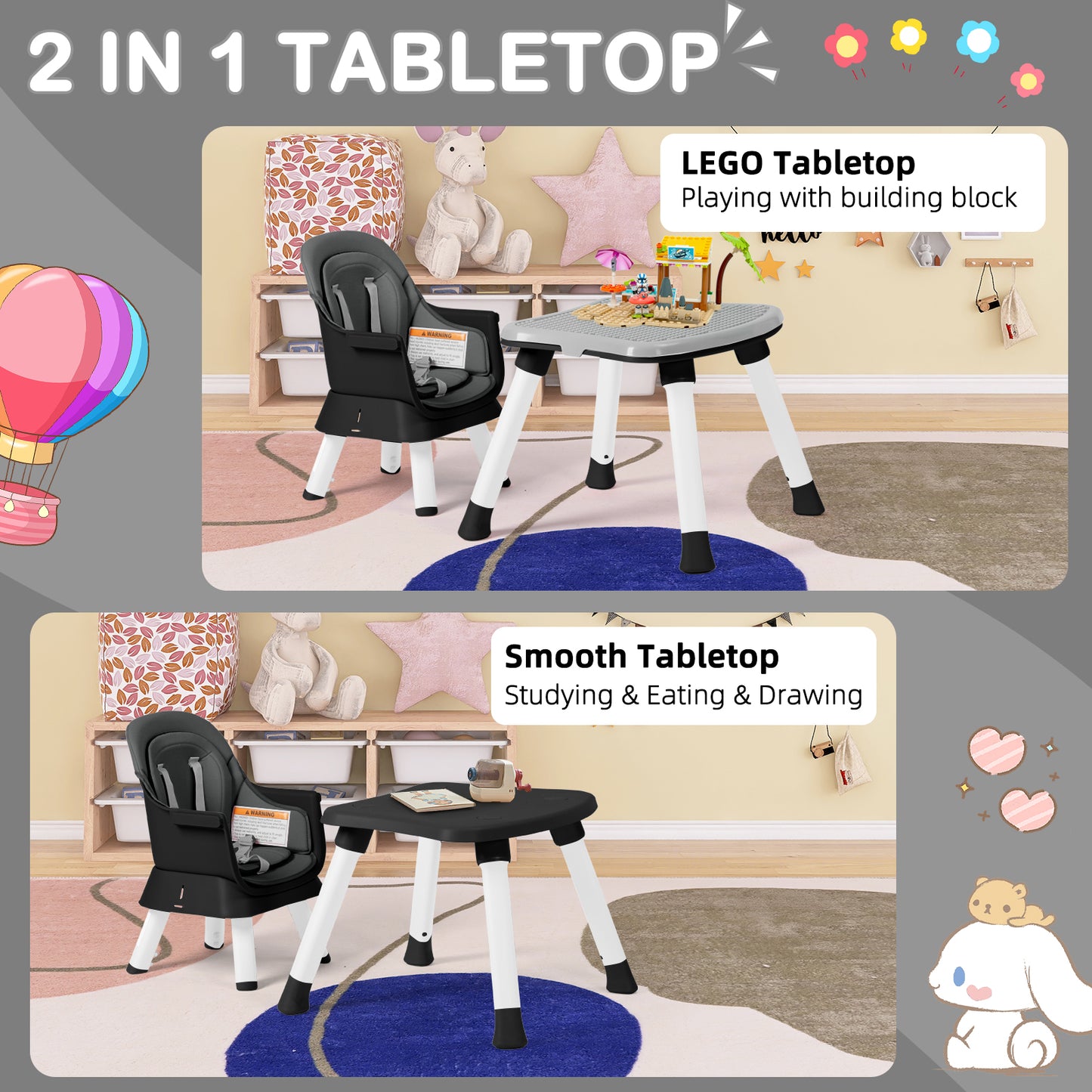 8 in 1 Baby High Chair, Toddler Dining Booster Seat/Kids Table & Chair Set/Building Block Table/Kids Stool, Grey