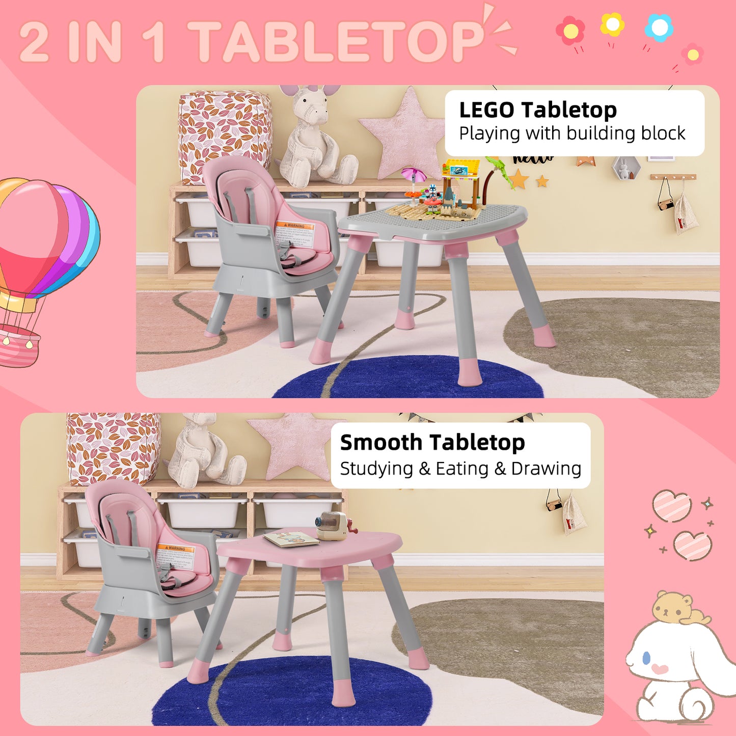 8 in 1 Baby High Chair, Toddler Dining Booster Seat/Kids Table & Chair Set/Building Block Table/Kids Stool, Pink