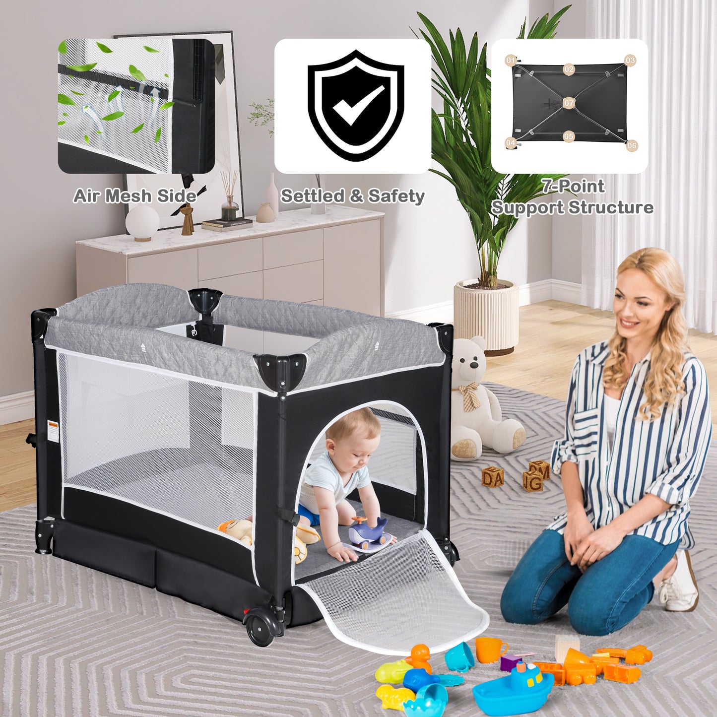 Unisex Nursery Center, 4 in 1 Foldable Baby Playard with Bassinet & Changing Table for Newborn